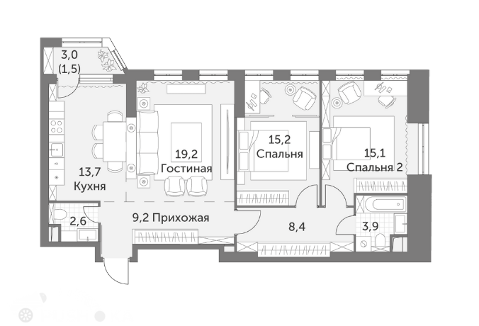 Продаётся 3-комнатная квартира в новостройке 88.0 кв.м. этаж 4/48 за 28 400 000 руб 
