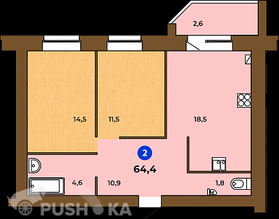 Продаётся 2-комнатная квартира 64.4 кв.м. этаж 5/9 за 5 796 000 руб 