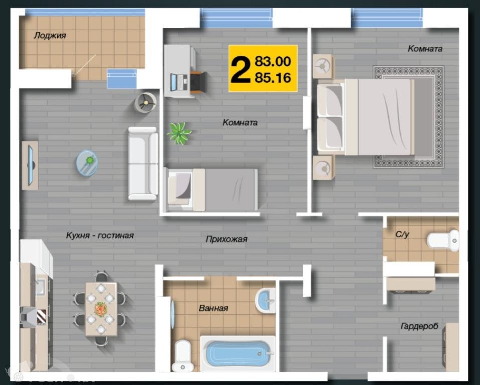 Продаётся 2-комнатная квартира в новостройке 85.2 кв.м. этаж 12/16 за 6 812 800 руб 