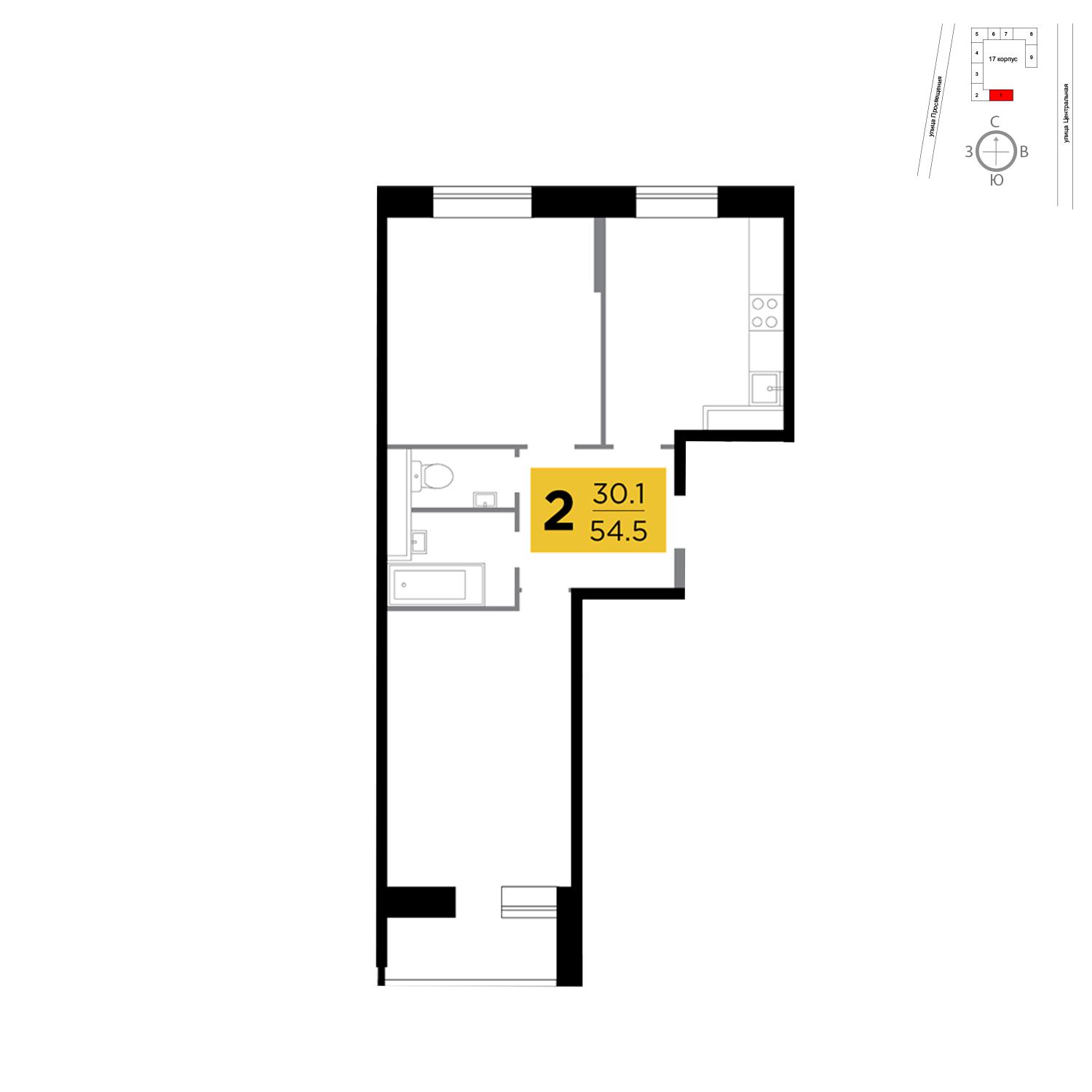 Продаётся 2-комнатная квартира в новостройке 54.5 кв.м. этаж 2/16 за 4 398 967 руб 
