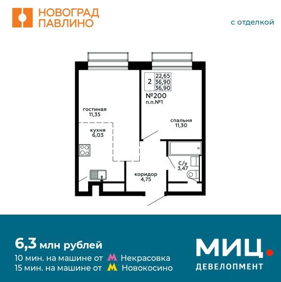 Продаётся 2-комнатная квартира в новостройке 36.9 кв.м. этаж 18/22 за 6 304 365 руб 