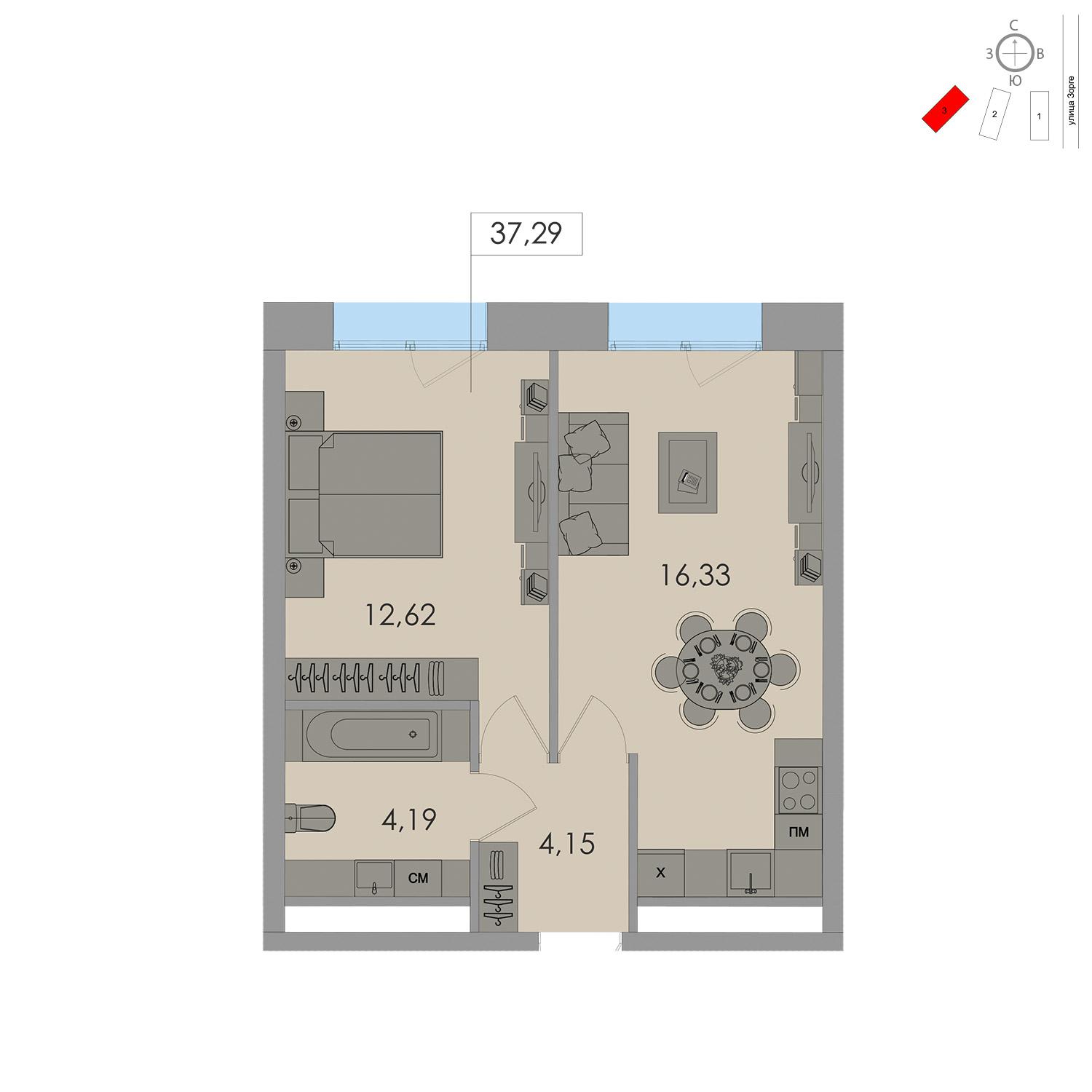 Продаётся 1-комнатная квартира в новостройке 37.3 кв.м. этаж 13/17 за 10 472 700 руб 