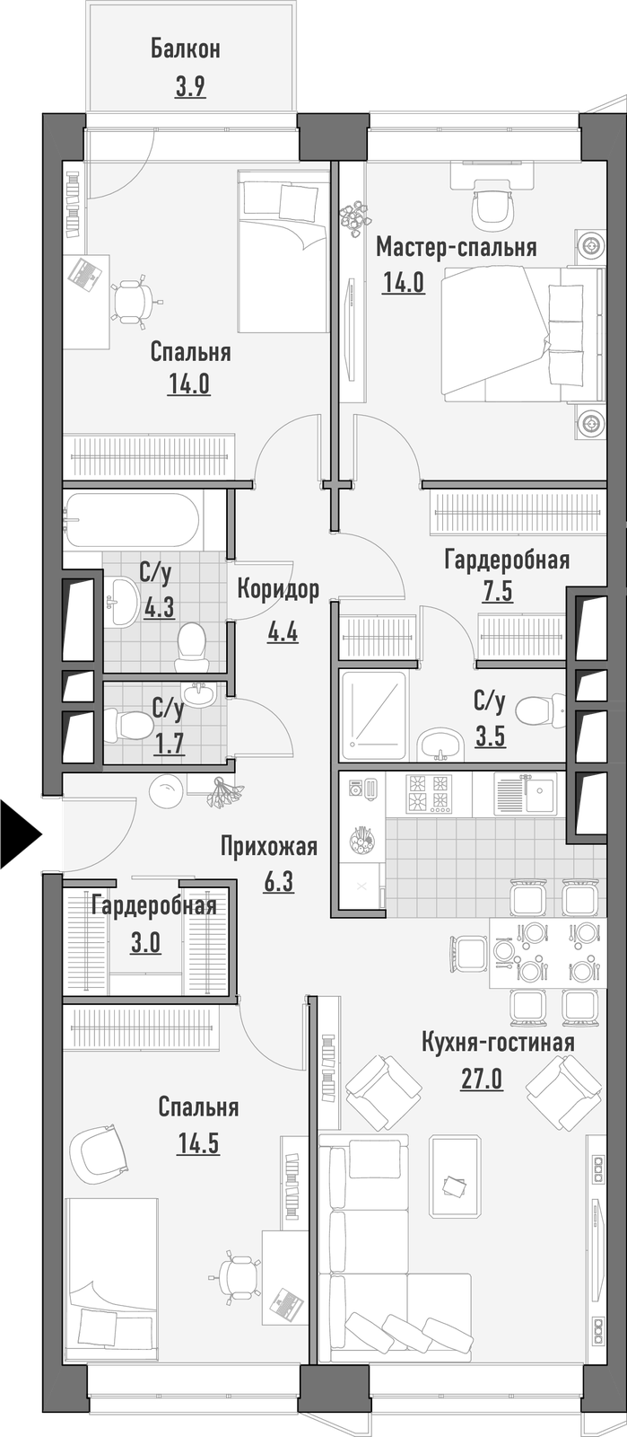 Продаётся 3-комнатная квартира в новостройке 100.6 кв.м. этаж 3/21 за 30 310 000 руб 