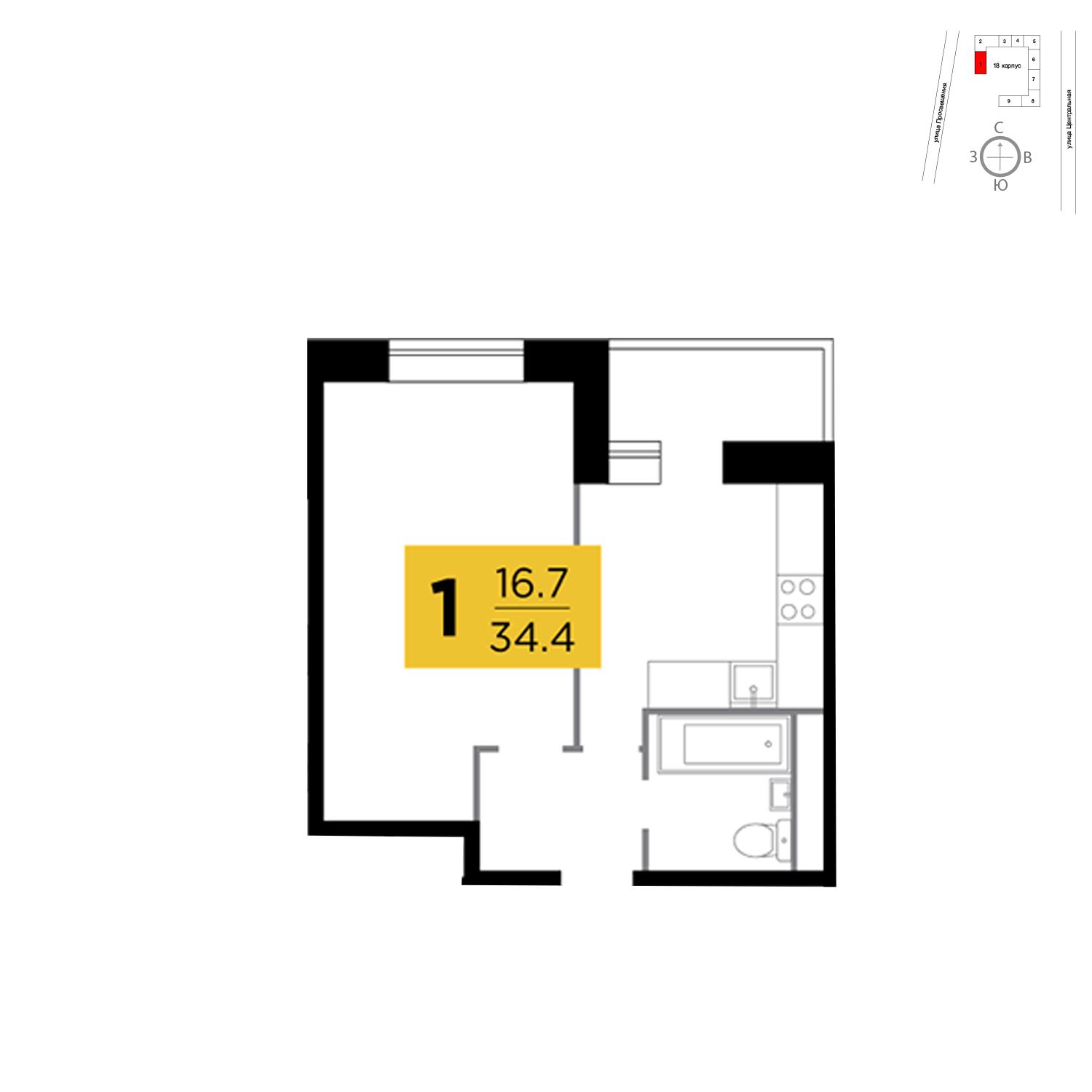 Продаётся 1-комнатная квартира в новостройке 34.4 кв.м. этаж 12/16 за 2 658 604 руб 