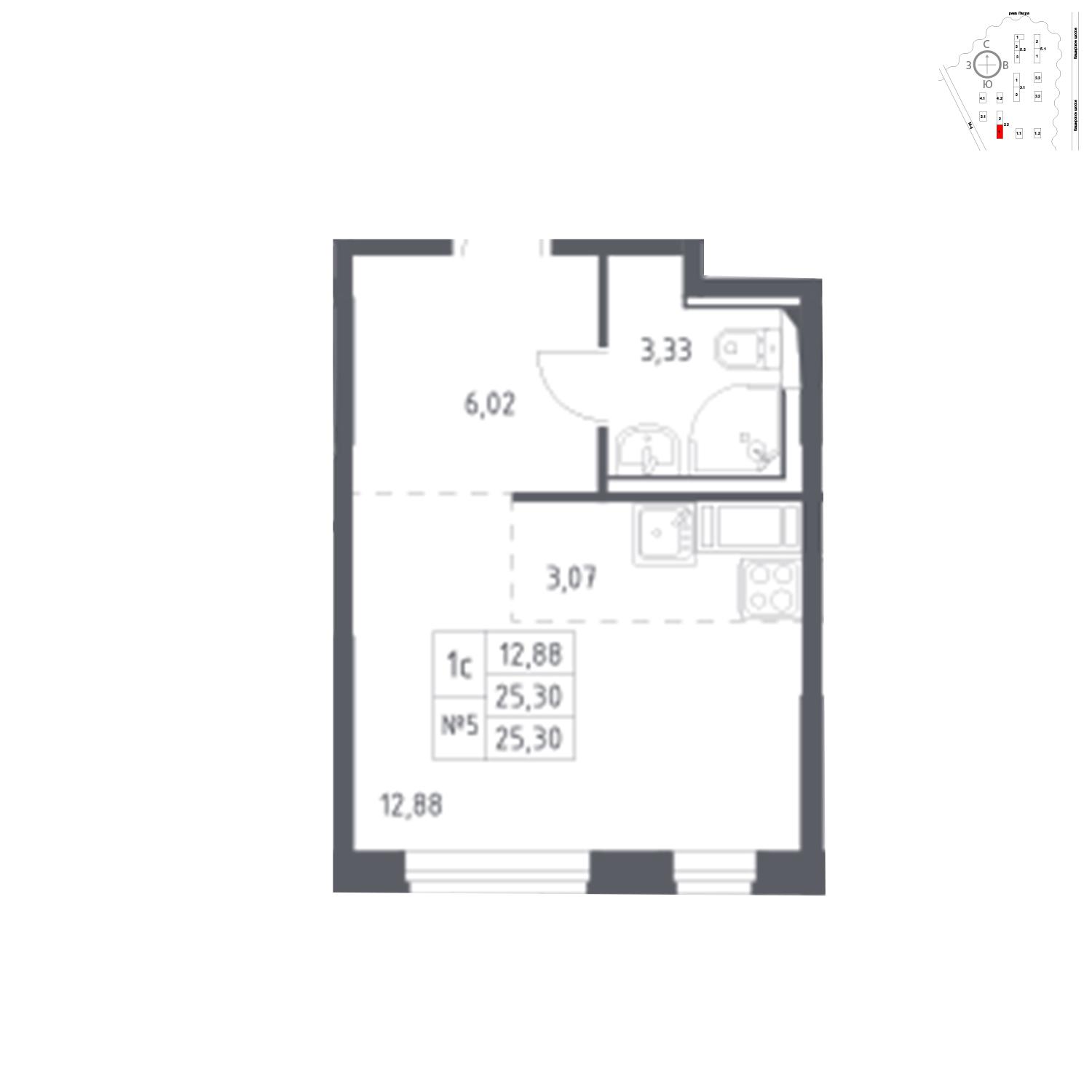 Продаётся  квартира-студия 25.3 кв.м. этаж 15/17 за 5 063 424 руб 