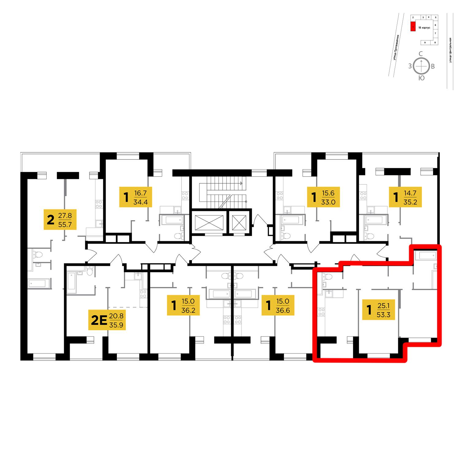 Продаётся 2-комнатная квартира в новостройке 53.3 кв.м. этаж 14/16 за 3 725 296 руб 
