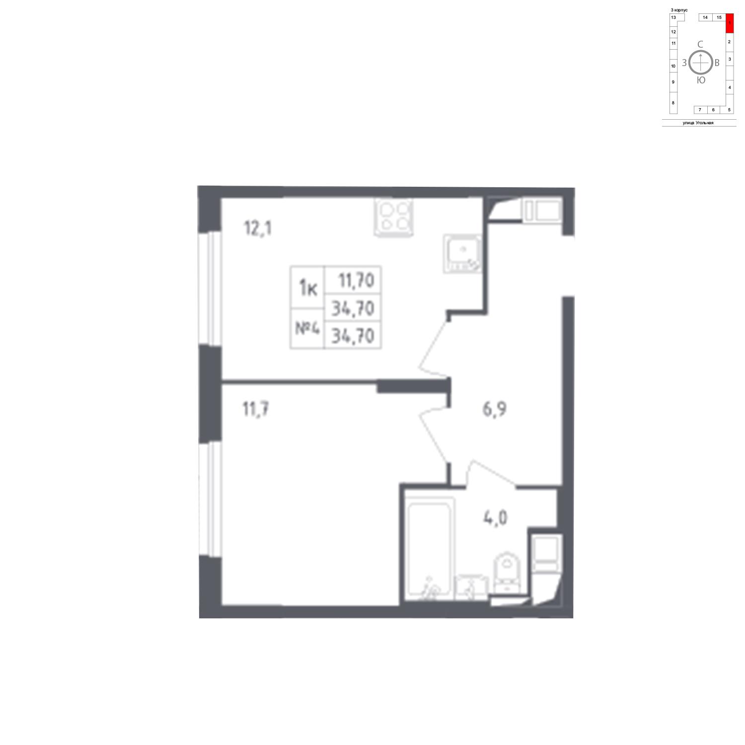 Продаётся 1-комнатная квартира в новостройке 34.7 кв.м. этаж 15/17 за 6 686 843 руб 