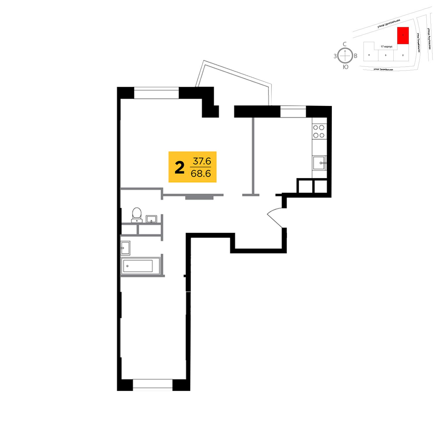 Продаётся 2-комнатная квартира в новостройке 68.3 кв.м. этаж 7/8 за 5 842 313 руб 