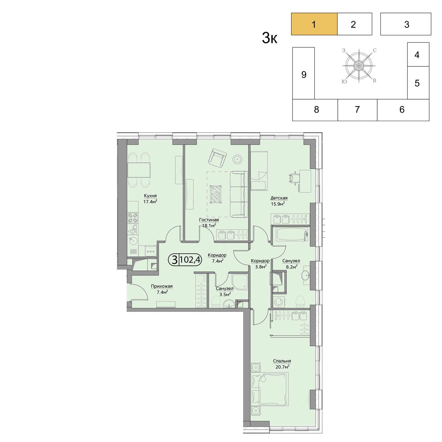 Продаётся 3-комнатная квартира в новостройке 102.4 кв.м. этаж 10/41 за 30 807 607 руб 