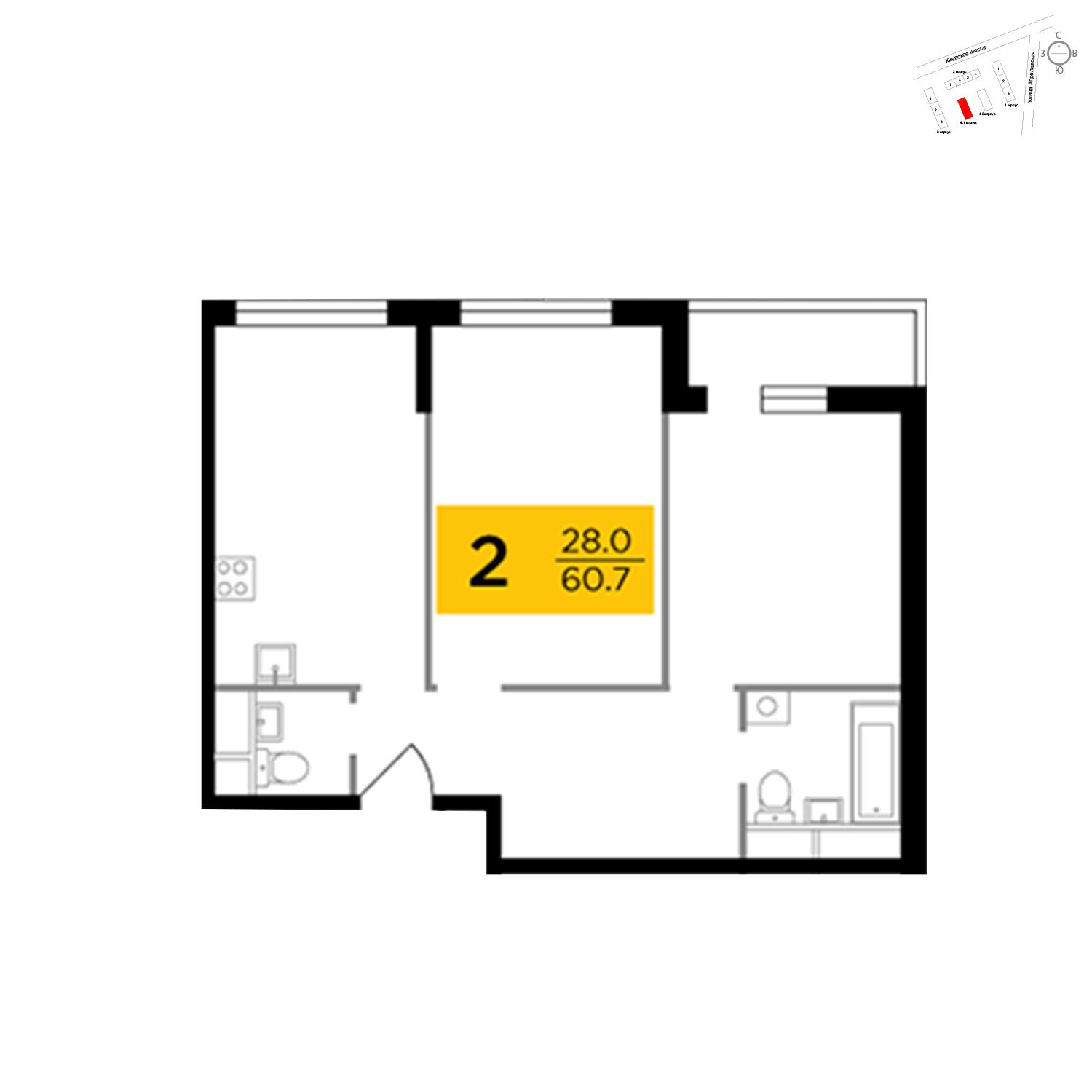 Продаётся 2-комнатная квартира в новостройке 60.7 кв.м. этаж 2/8 за 8 689 761 руб 