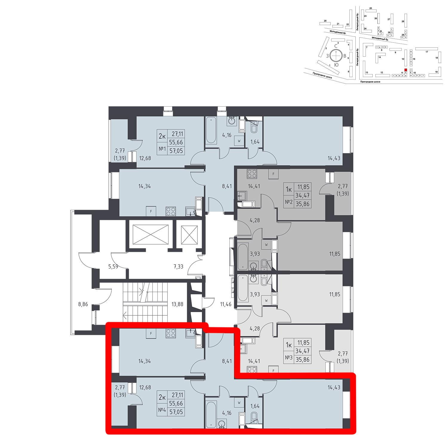 Продаётся 2-комнатная квартира в новостройке 57.1 кв.м. этаж 12/17 за 0 руб 