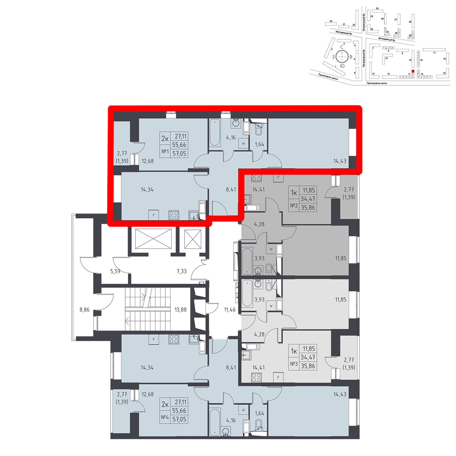 Продаётся 2-комнатная квартира в новостройке 57.1 кв.м. этаж 16/17 за 5 220 417 руб 