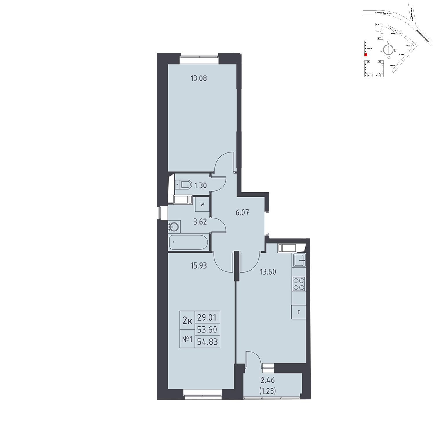 Продаётся 2-комнатная квартира в новостройке 54.8 кв.м. этаж 16/17 за 5 302 664 руб 