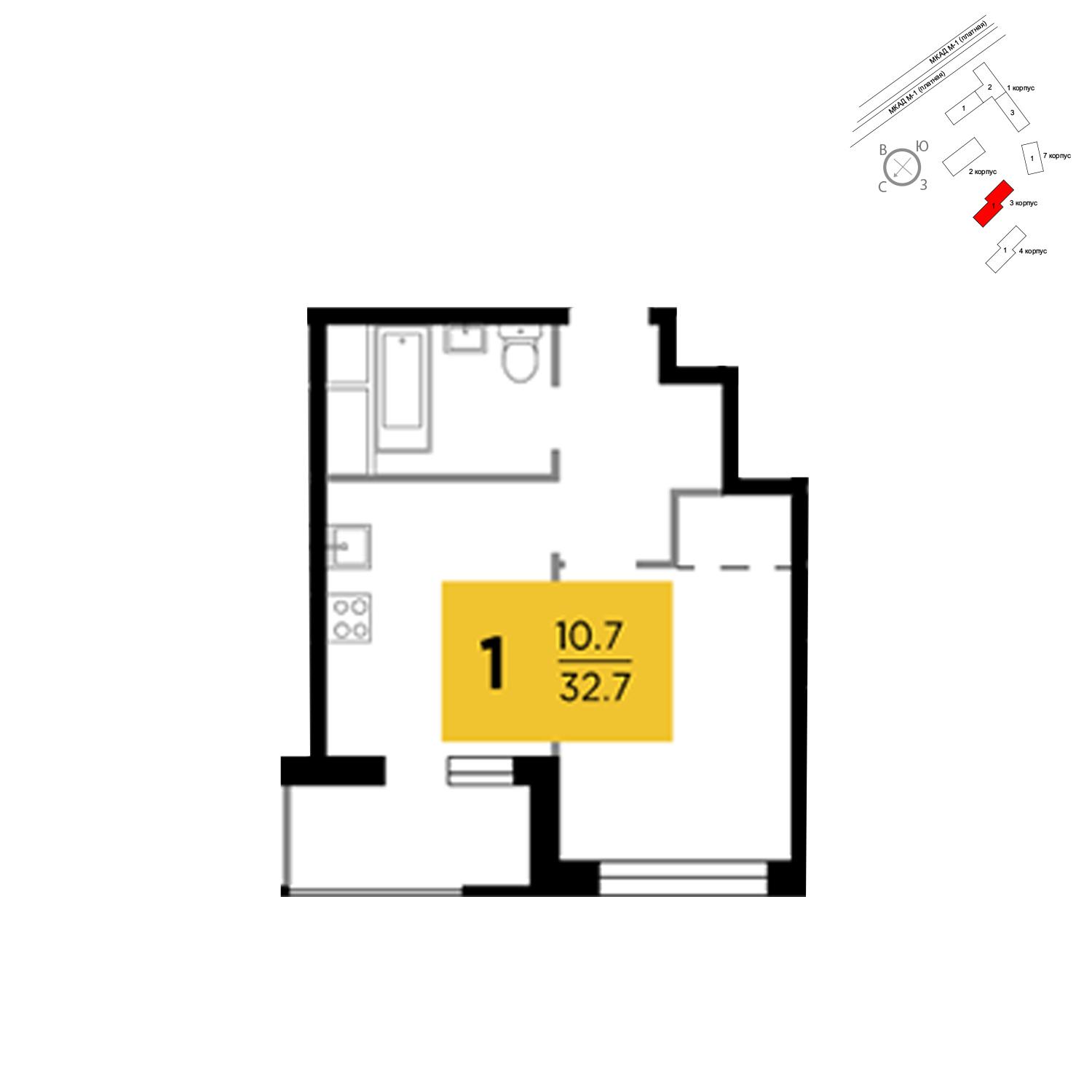 Продаётся 1-комнатная квартира в новостройке 32.7 кв.м. этаж 9/24 за 3 624 612 руб 