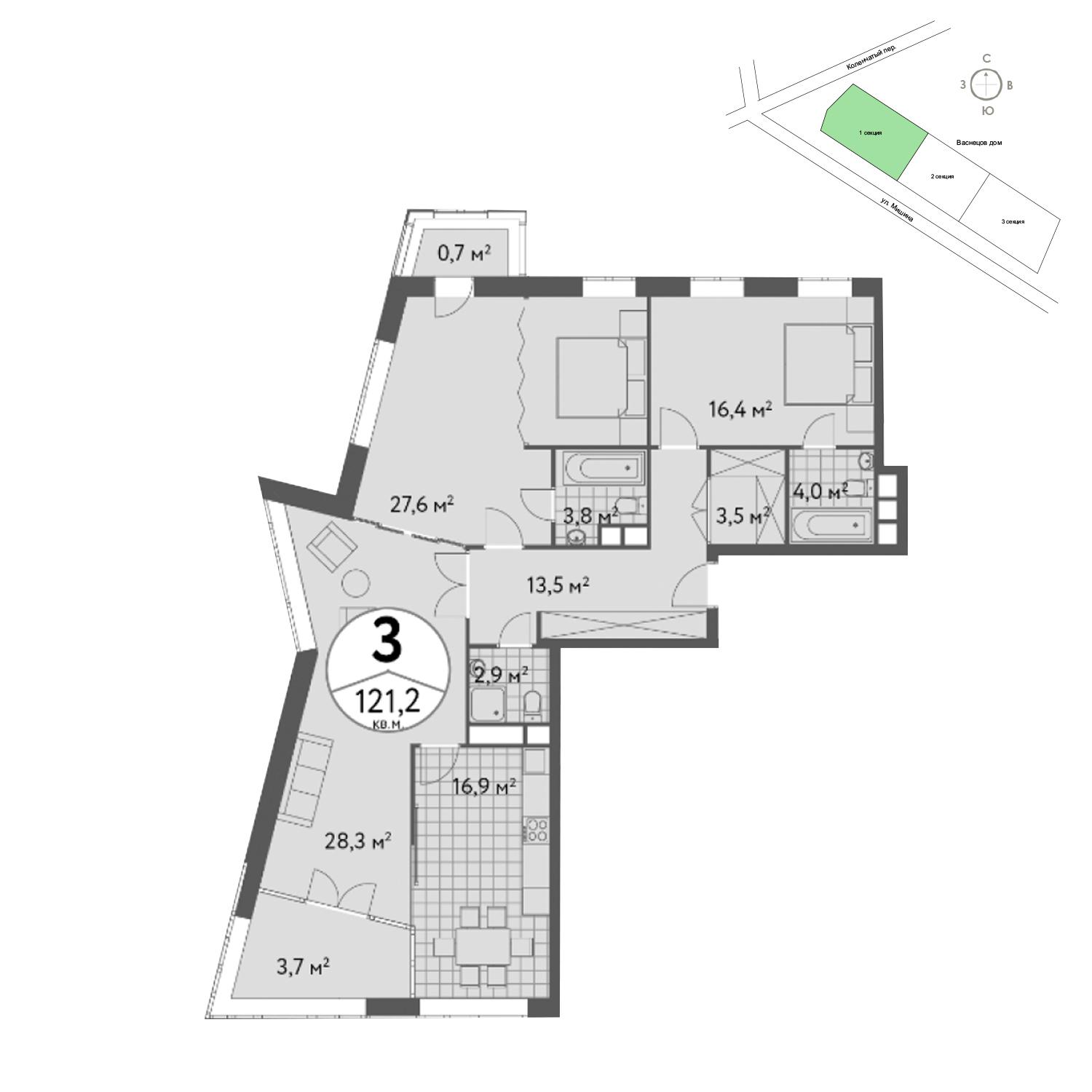 Продаётся 3-комнатная квартира в новостройке 121.6 кв.м. этаж 4/13 за 38 325 888 руб 