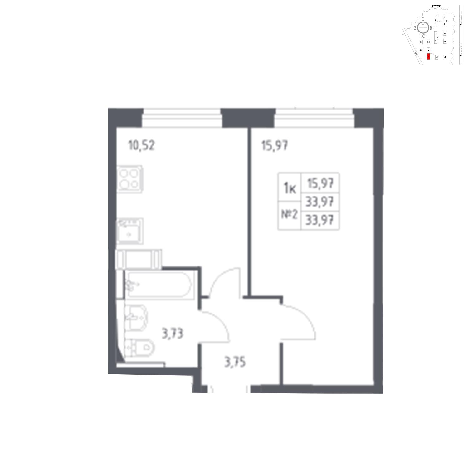 Продаётся 1-комнатная квартира в новостройке 34.0 кв.м. этаж 12/17 за 6 121 537 руб 