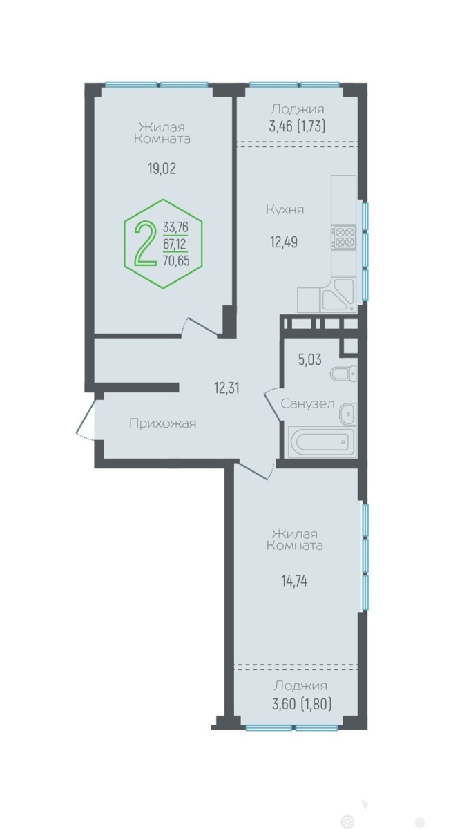 Продаётся 2-комнатная квартира в новостройке 67.1 кв.м. этаж 6/16 за 12 417 200 руб 