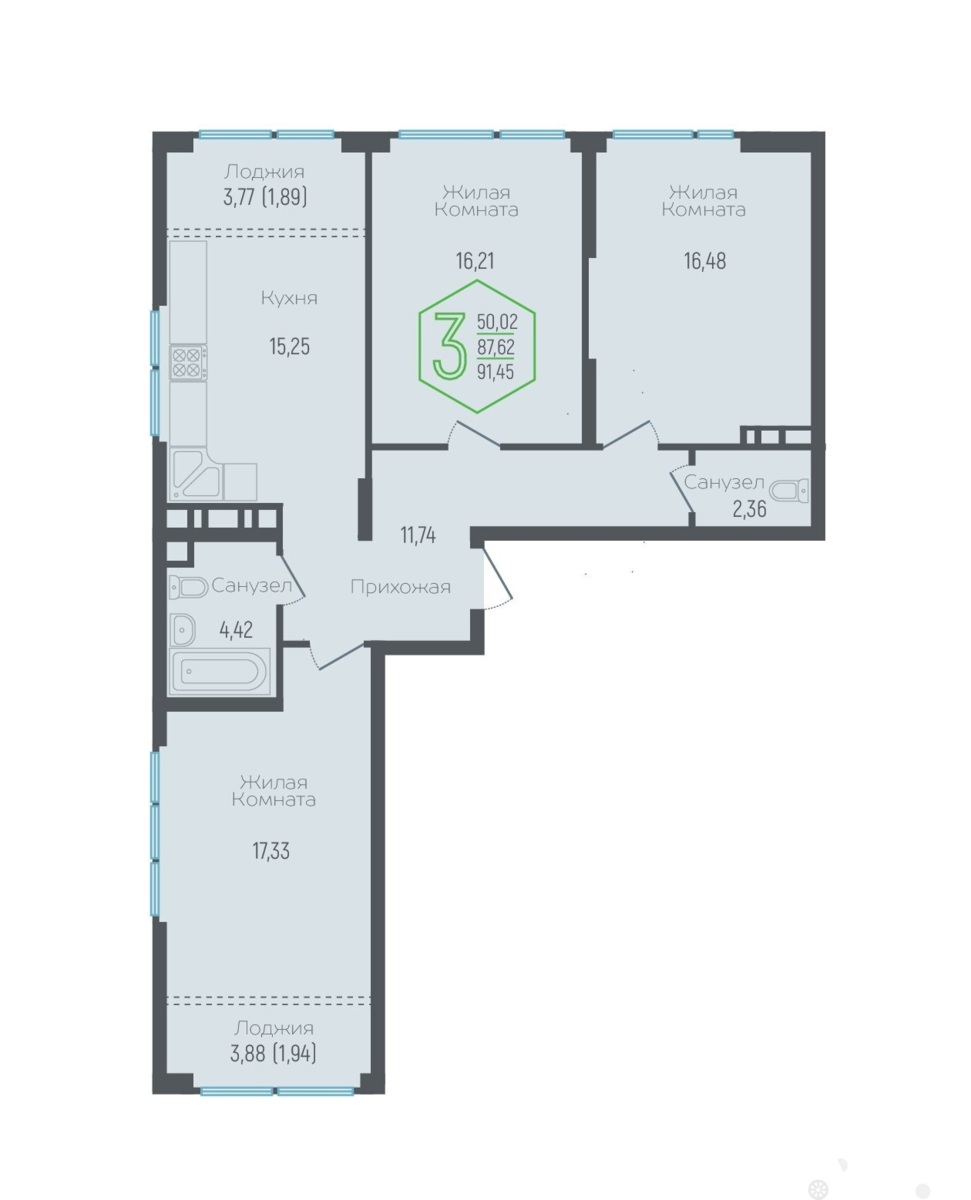 Продаётся 3-комнатная квартира в новостройке 87.6 кв.м. этаж 4/24 за 16 209 700 руб 